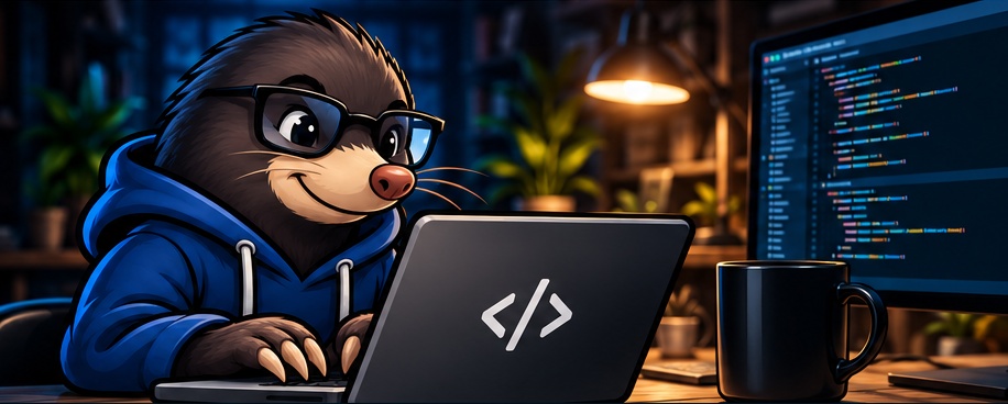 DevMole mascot coding at a desk